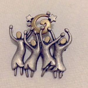 Vintage Signed DD Silver Pewter Brooch People Dancing Under The Stars Silver